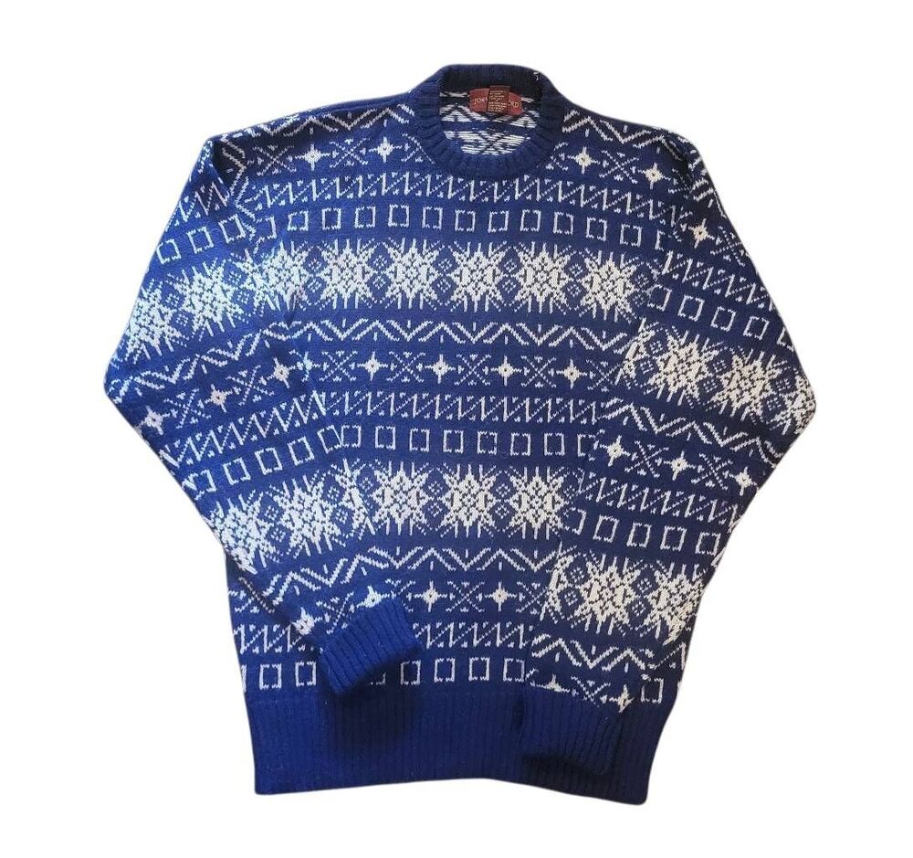 Vintage John Ashford Sweater Men's Medium Blue Wool Fair Isle Alpine Cabin Ski